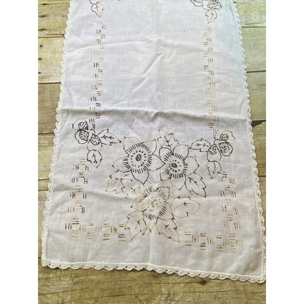 Hand Stitch Table Runner Flower Yellow Brown‎ Floral 40x30
